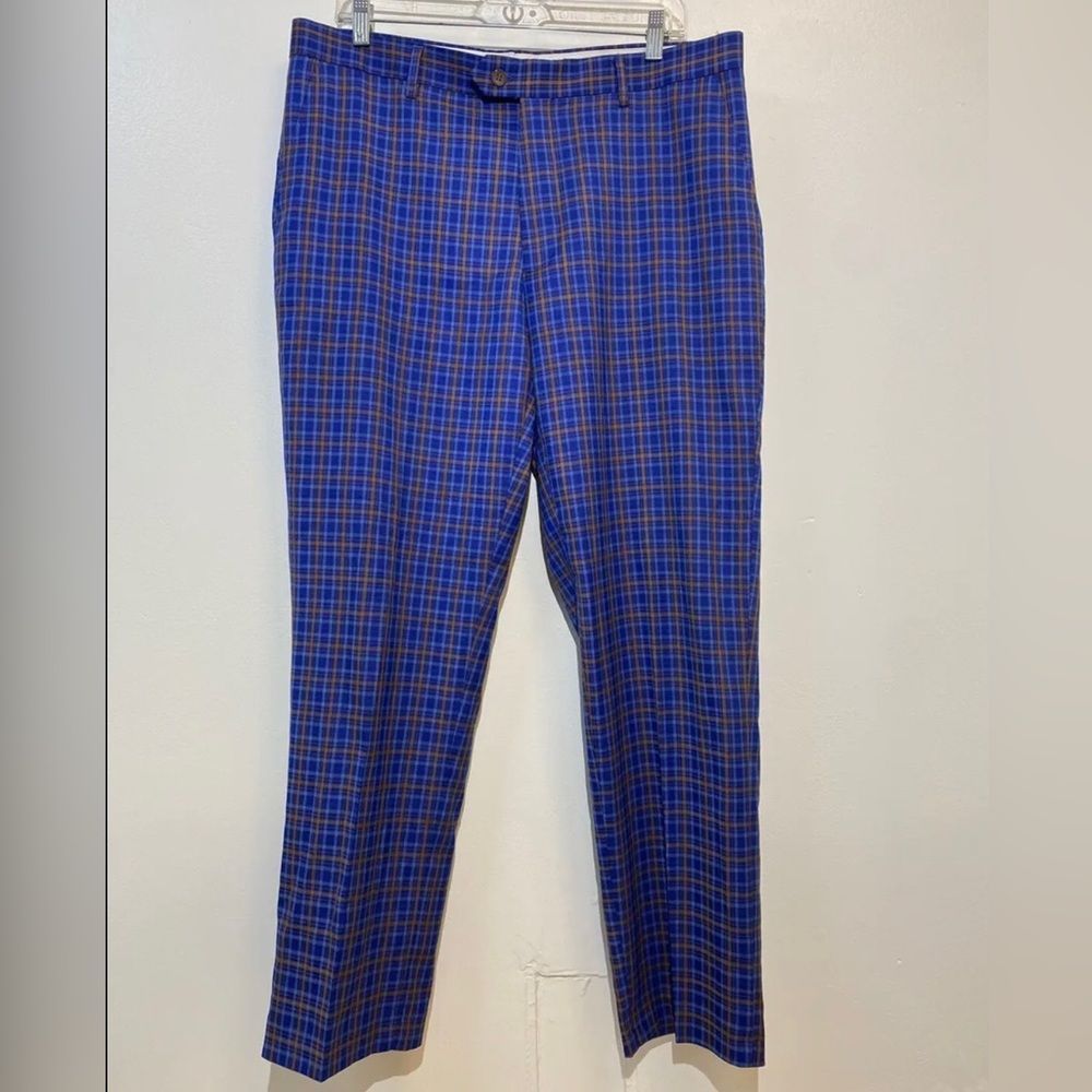 Kent & Park Golf Mens Blue Plaid Flat Front Straight‎ Leg Pants Sz. 36x28.5